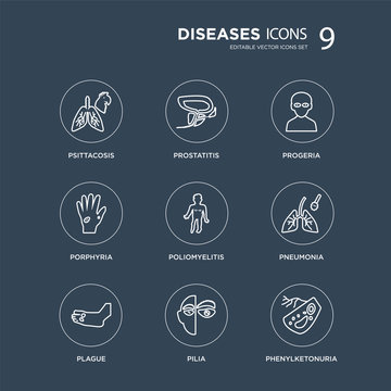 9 Psittacosis, Prostatitis, Plague, pneumonia, Poliomyelitis, Progeria, Porphyria, Pilia modern icons on black background, vector illustration, eps10, trendy icon set.