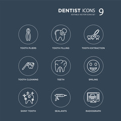 9 Tooth pliers, filling, Shiny Tooth, Smiling, Teeth, extraction, cleaning, Sealants modern icons on black background, vector illustration, eps10, trendy icon set.
