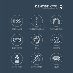 9 Prophylaxis, Periodontal scaler, Mouth Wash, Occlusal, Oral, Partial Denture, Overdenture, Mirror modern icons on black background, vector illustration, eps10, trendy icon set.