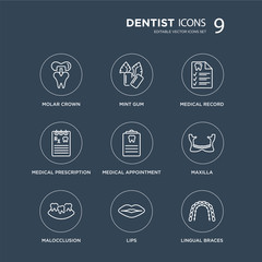 9 Molar crown, Mint gum, Malocclusion, Maxilla, Medical appointment, record, prescription, Lips modern icons on black background, vector illustration, eps10, trendy icon set.