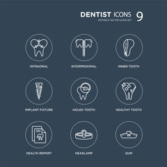 9 Intraoral, Interproximal, Health report, Healthy tooth, Holed Tooth, Inner Implant Fixture, Headlamp modern icons on black background, vector illustration, eps10, trendy icon set.