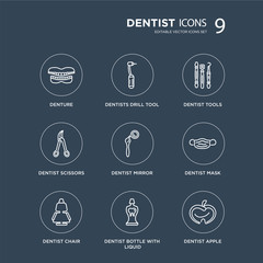 9 Denture, Dentists drill tool, Dentist chair, mask, Mirror, tools modern icons on black background, vector illustration, eps10, trendy icon set.