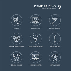 9 dentist, Dental X ray, Plaque, Probe, prosthesis, veneer, Protection, Monitor modern icons on black background, vector illustration, eps10, trendy icon set.