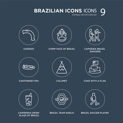 Fototapeta premium 9 Chorizo, Chimp face of Brazil, Caipirinha drink glass Cake with a flag, Calumet, Capoeira Brazil dancers modern icons on black background, vector illustration, eps10, trendy icon set.