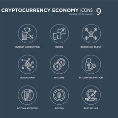 9 budget accounting, Bonds, Bitcoin accepted, encryption, Bitcoins, blokchain block, Blockchain, modern icons on black background, vector illustration, eps10, trendy icon set.