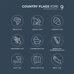 Obraz premium 9 Brazil flag, Angola Haiti Bosnia and Herzegovina Luxembourg Tanzania flag modern icons on black background, vector illustration, eps10, trendy icon set.