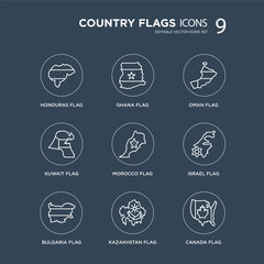 Fototapeta premium 9 Honduras flag, Ghana Bulgaria Israel Morocco Oman Kuwait Kazakhstan flag modern icons on black background, vector illustration, eps10, trendy icon set.