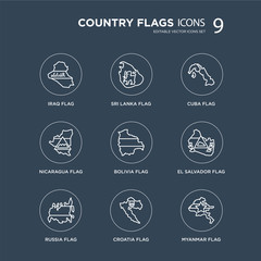 9 Iraq flag, Sri Lanka Russia El Salvador Bolivia Cuba Nicaragua Croatia flag modern icons on black background, vector illustration, eps10, trendy icon set.
