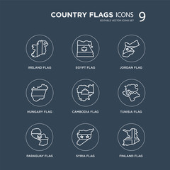 9 Ireland flag, Egypt Paraguay Tunisia Cambodia Jordan Hungary Syria flag modern icons on black background, vector illustration, eps10, trendy icon set.