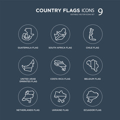 9 Guatemala flag, South Africa Netherlands Belgium Costa Rica Chile flag modern icons on black background, vector illustration, eps10, trendy icon set.