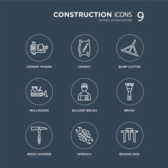 9 cement mixers, Cement, Brick hammer, Brush, builder Bump cutter, Bulldozer, Wrench modern icons on black background, vector illustration, eps10, trendy icon set.