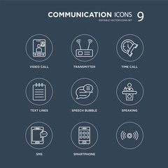 Fototapeta premium 9 Video call, Transmitter, Sms, Speaking, Speech bubble, Time Text lines, Smartphone modern icons on black background, vector illustration, eps10, trendy icon set.