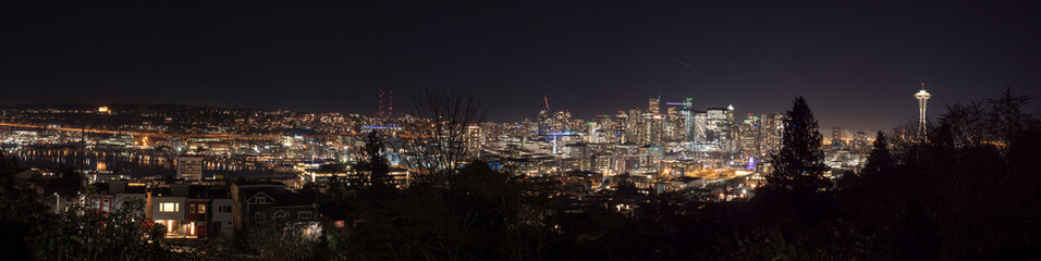 Fototapeta na wymiar Seattle WA Night Panoramic City View From Queen Anne Hill