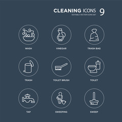 9 Wash, vinegar, Tap, Toilet, Toilet brush, trash bag, Trash, Sweeping modern icons on black background, vector illustration, eps10, trendy icon set.