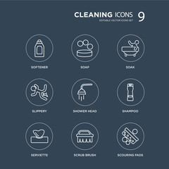 9 Softener, Soap, Serviette, Shampoo, Shower head, Soak, Slippery, scrub brush modern icons on black background, vector illustration, eps10, trendy icon set.
