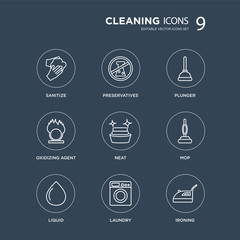 9 sanitize, Preservatives, Liquid, Mop, neat, Plunger, Oxidizing Agent, Laundry modern icons on black background, vector illustration, eps10, trendy icon set.
