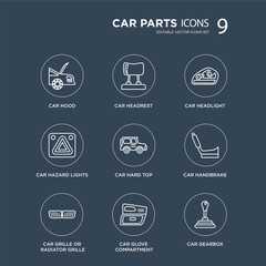 9 car hood, headrest, grille or radiator grille, handbrake, hard top, headlight modern icons on black background, vector illustration, eps10, trendy icon set.