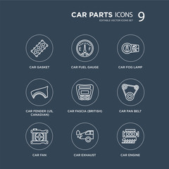 9 car gasket, fuel gauge, fan, fan belt, fascia (British), fog lamp modern icons on black background, vector illustration, eps10, trendy icon set.