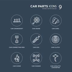 9 car crankshaft, crank, choke, clutch, coil, cowl, connecting rod, chassis modern icons on black background, vector illustration, eps10, trendy icon set.