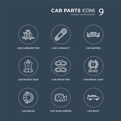 9 car carburettor, camshaft, brake, brake light, pad, bumper, bucket seat, wing mirror modern icons on black background, vector illustration, eps10, trendy icon set.