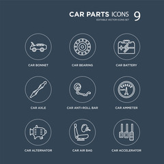 9 car bonnet, bearing, alternator, ammeter, anti-roll bar, battery, axle, air bag modern icons on black background, vector illustration, eps10, trendy icon set.