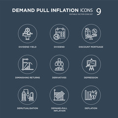 9 Dividend yield, Dividend, Demutualisation, Depression, Derivatives, Discount mortgage modern icons on black background, vector illustration, eps10, trendy icon set.