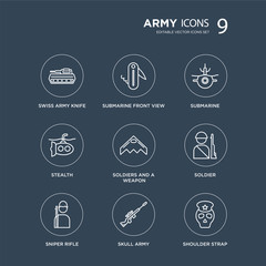 9 Swiss Army Knife, Submarine Front View, Sniper Rifle, Soldier, Soldiers and a weapon, Submarine, stealth, Skull modern icons on black background, vector illustration, eps10, trendy icon set.