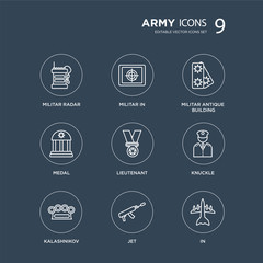 9 Militar Radar, In, Kalashnikov, Knuckle, lieutenant, antique building, Medal, Jet modern icons on black background, vector illustration, eps10, trendy icon set.