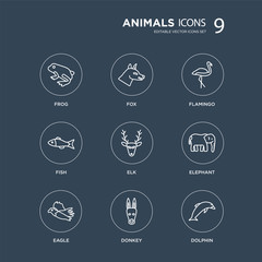 9 Frog, Fox, Eagle, Elephant, Elk, Flamingo, Fish, Donkey modern icons on black background, vector illustration, eps10, trendy icon set.