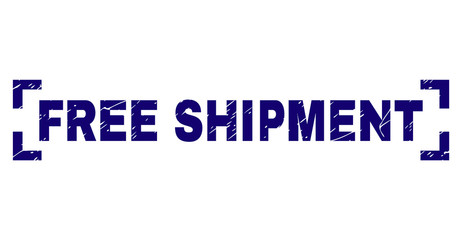 FREE SHIPMENT text seal print with grunge effect. Text label is placed inside corners. Blue vector rubber print of FREE SHIPMENT with unclean texture.