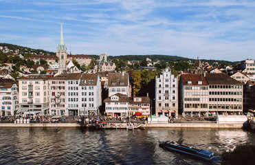 Old medieval buildings and Limmat river in Zurich Old town Altstadt