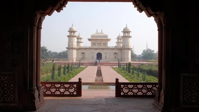 Front straight elevation facade view of the magnificent Tomb of Itimad ud Daulah ka Maqbara, a Mughal mausoleum in Agra or known as "jewel box" or "baby taj"