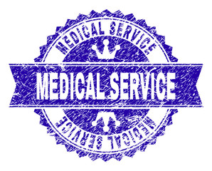 MEDICAL SERVICE rosette stamp overlay with distress style. Designed with round rosette, ribbon and small crowns. Blue vector rubber watermark of MEDICAL SERVICE label with dirty style.