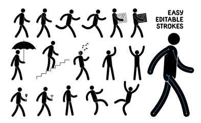 Easily editable pictogram man. Saved stroke. Set of basic poses icons people.