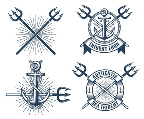 Vintage hipster navy tattoo logos with crossed tridents ribbons and anchors. Vector illustration. - obrazy, fototapety, plakaty