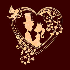 Composition with a silhouette of the heart with a cupid and lovers boy and girl in the crown,