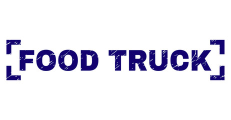 FOOD TRUCK text seal imprint with distress effect. Text title is placed between corners. Blue vector rubber print of FOOD TRUCK with dirty texture.