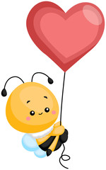 a bee floating up with a heart balloon