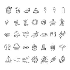Summer vacation hand drawn icon set in doodle style.
