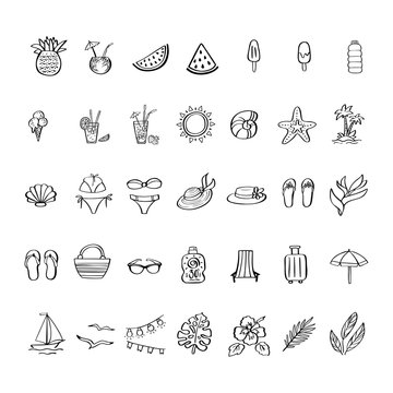 Summer vacation hand drawn icon set in doodle style.