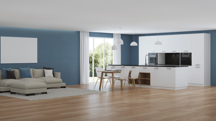 Modern house interior. Interior with blue walls. 3D rendering.