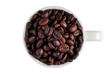 White cup full of coffee beans isolate on white background with clipping path