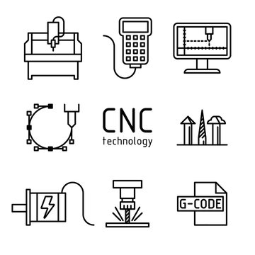 Vector Set Of Cnc Milling Machine Icons.