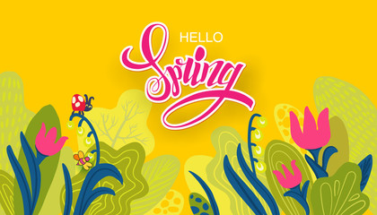 Fototapeta na wymiar Hello Spring banner with drawn elements