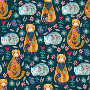 Seamless pattern with cute cats and birds, flowers and leaves on dark background, vector illustration