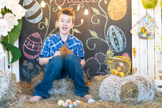 cute child boy sitting on the hay and playing with animals on Easter eve - Powered by Adobe