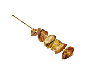 roasted pork innards stab in wooden stick on white background