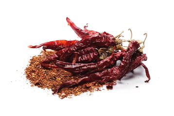 Dry spicy chili peppers and flakes, powder isolated on white background
