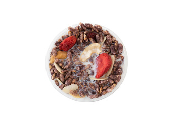 Granola, oatmeal with milk, honey and strawberry on white background