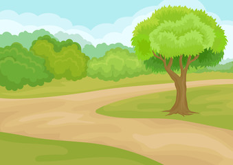 Natural landscape with ground road, bright green tree, bushes and grass. Summer morning. Flat vector design